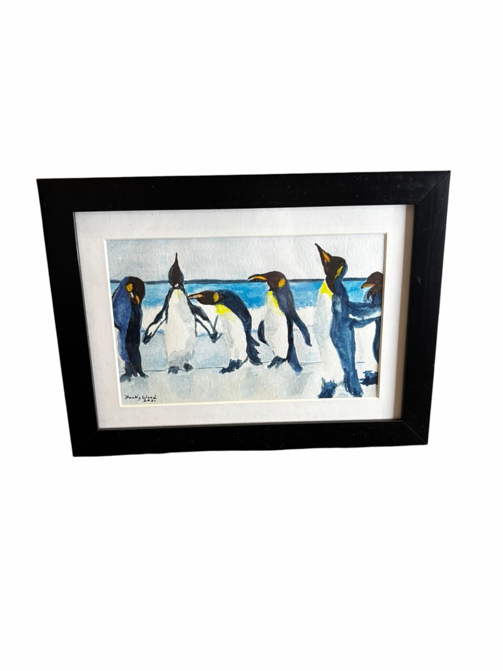 Signed Penguin Watercolor Painting 2021 Framed Matted 5x7 Original Art